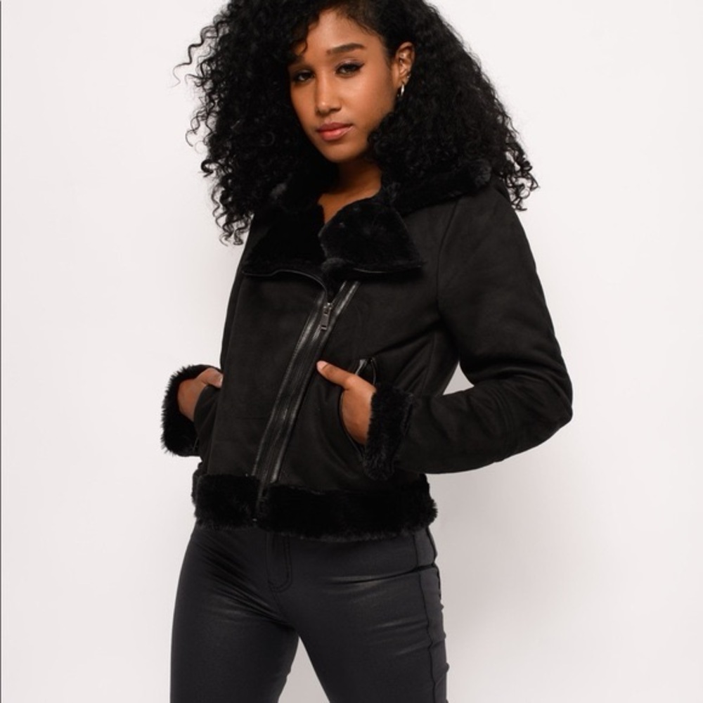 LA Coalition Women's Black Suede Faux Fur Moto Jacket